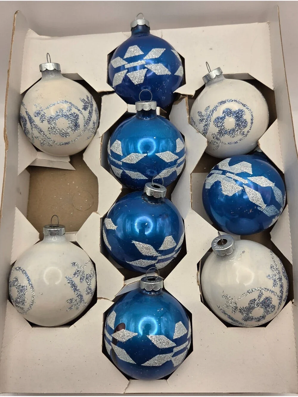 Vintage Holly #258 Blue White Glass Christmas Ornaments Lot of 9 USA Boxed